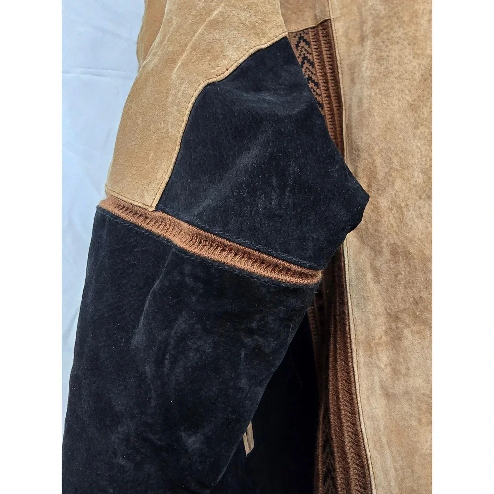 TUSKANY Mens Genuine Leather Suede Bomber Jacket 3XL Tan‎ Black Aztec